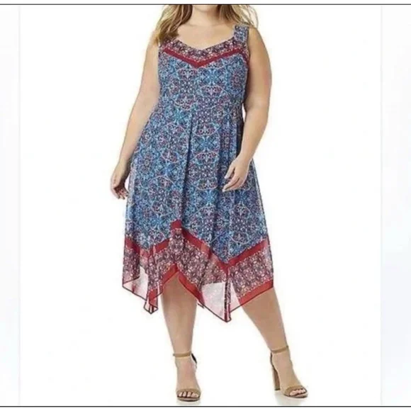 Catherines Dress Size 1X Blue Red Floral Sleeveless Chiffon Midi Boho Casual - Picture 2 of 11